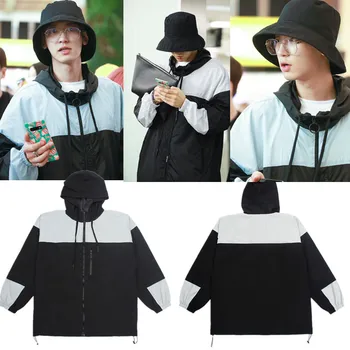 

EXO Park Chan Yeol Black White Patchwork Zipper Trench Coat Women Men Long Sleeve Hoodies Sweatshirts Straight Hooded Tops Kpop
