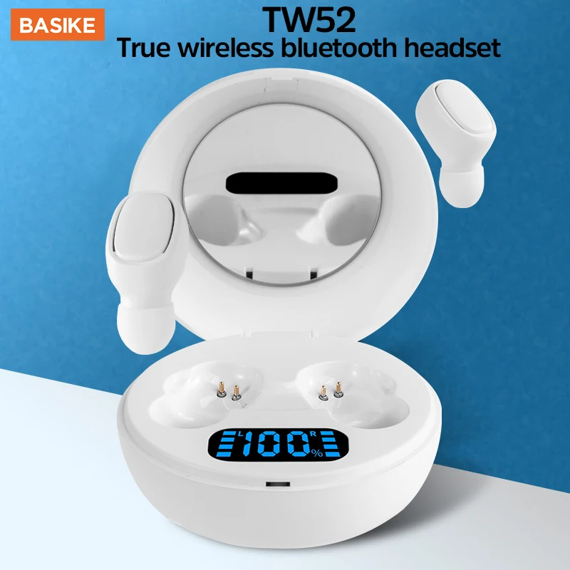 BASIKE TWS Wireless Bluetooth Earphone With Mic HIFI Sports Running Waterproof Headsets With Makeup Mirror Stereo Headphones