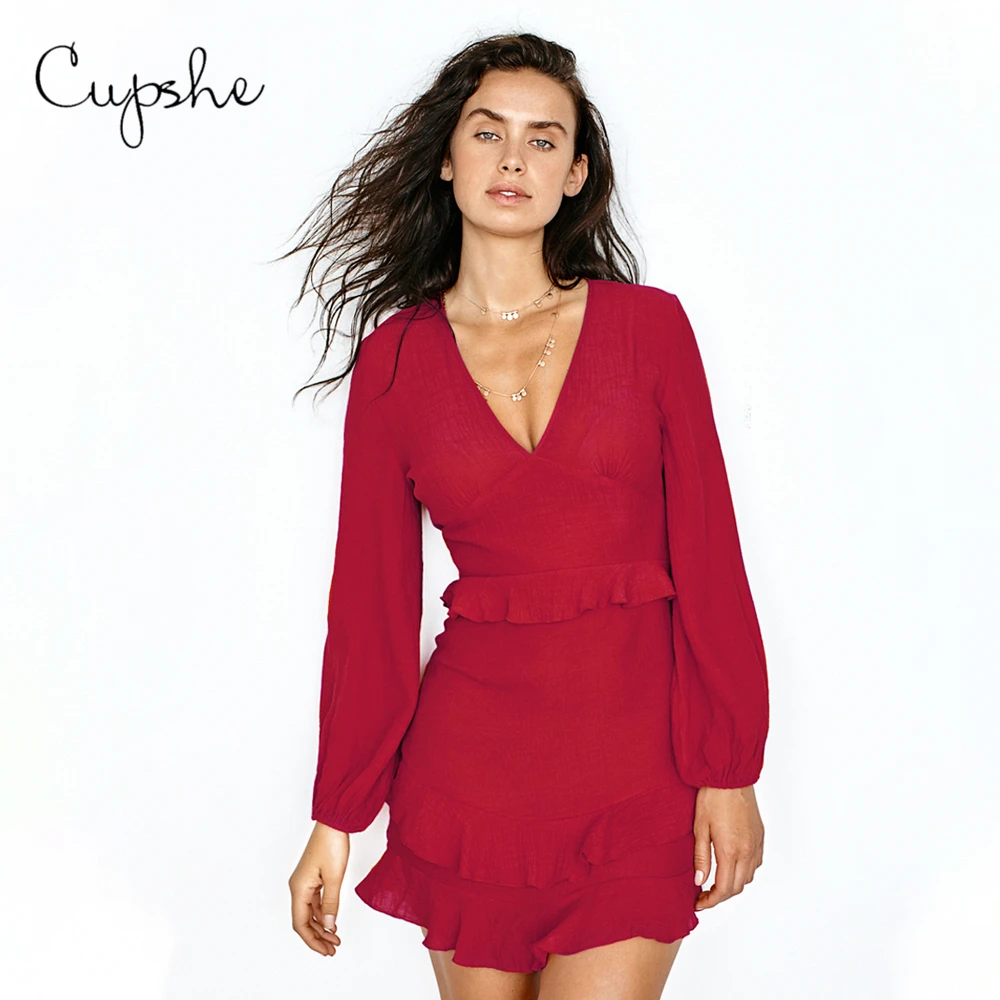 Женское мини-платье с рюшами CUPSHE однотонное красное платье V-образным вырезом и