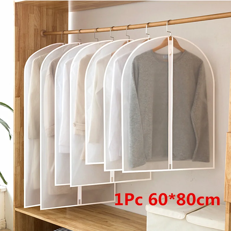 60X80cm White Утолщаются Твердые PEVA пылезащитный чехол для одежды костюм пальто водонепроницаемый протектор сумка для хранения на молнии - Цвет: 60X80cm White