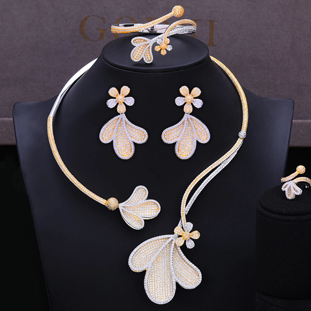 

GODKI Jimbora Luxury 4PCS Jewelry Set Leaf Flower Bangle Ring Necklace Dangle Earrings for Women Bridal Wedding Jewelry Sets