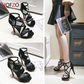 

HQFZO Sexy Hollow Out Women Pumps Thin Heels Peep Toe Narrow Band Buckle Women Summer Sandals Black Big Plus Size