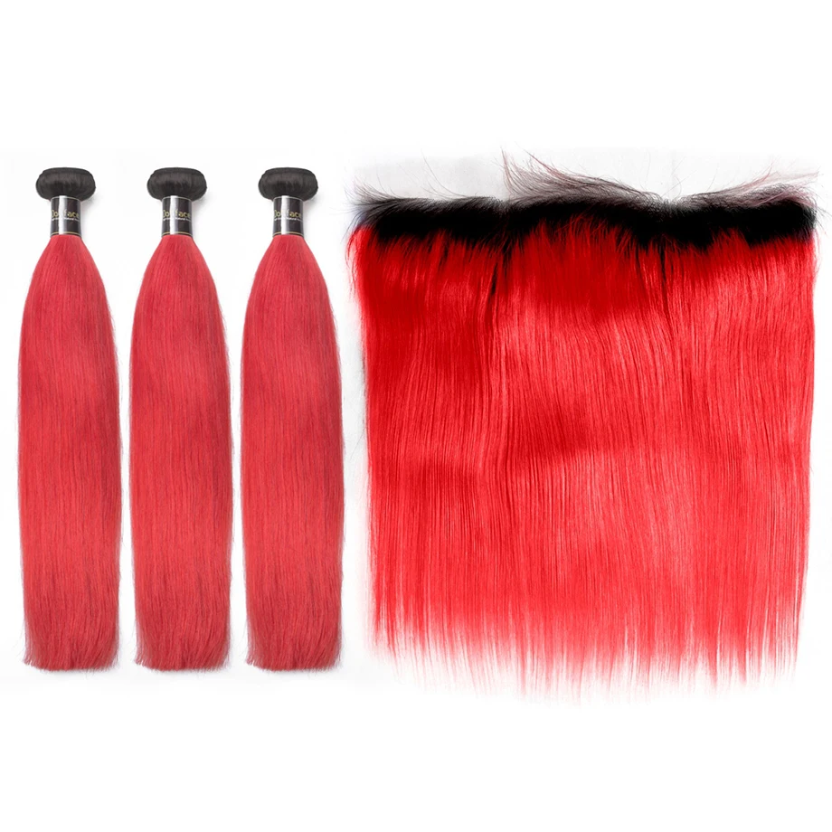 Ombre red straight bundles with frontal T1B colored human brazilian hair weave bundles hair extensions 30 inch long remy hair