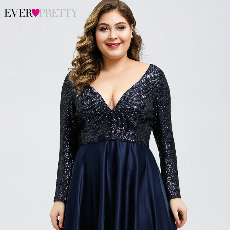 Sequined Prom Dresses Long Ever Pretty A-Line Deep V-Neck Full Sleeve Elegant Evening Party Gowns Vestido Noche Elegante 2020