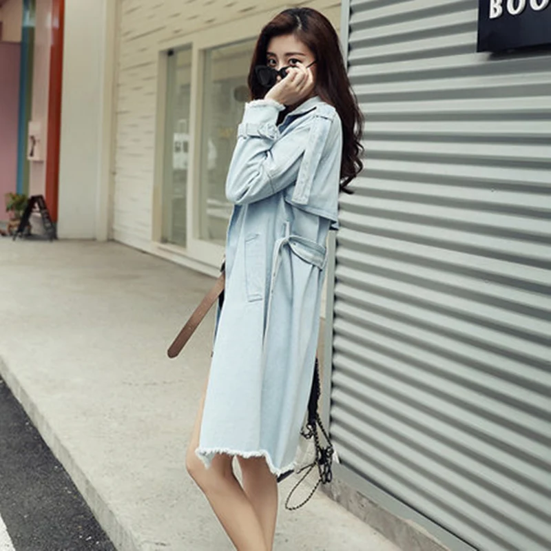 

Autumn Spring Women Open Stitch Sashes V-Neck Denim Dust Coat Female Loose Casual Fashion Comfortable Tassel Wind Coat ZX1272