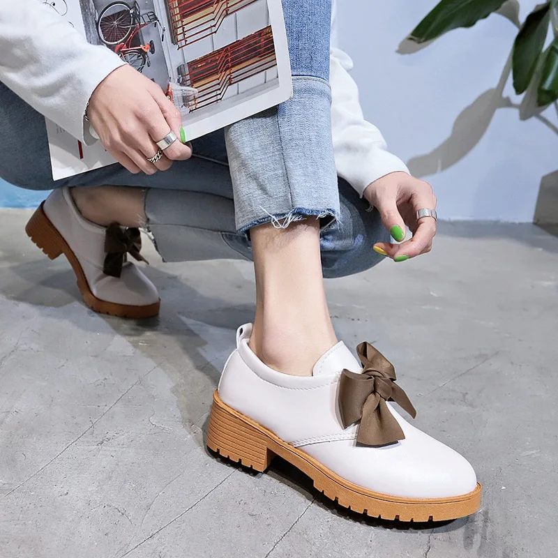 Весенне-осенние женские туфли на толстом каблуке; Zapatos de mujer; модные однотонные тонкие туфли; повседневные туфли-оксфорды с бантом