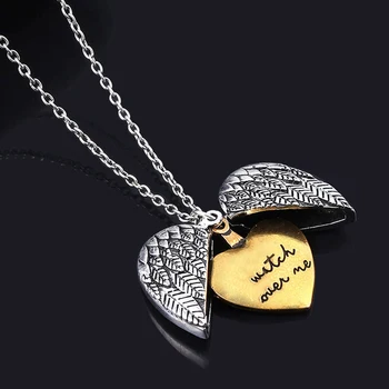 

Fashion Angel Wings Heart Necklace Double layer Engraved Watch Over Me Letter Locket Choker Necklace Women Clavicle Chain Gift