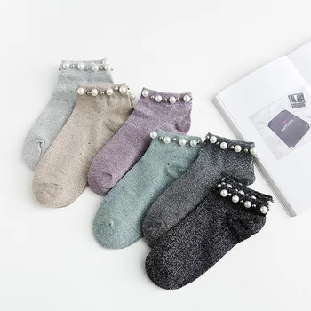 

Pearl Socks Women New Pearl Socks Silver Onion Flash color Ladies Cute Socks Low to Help Retro Streetwear Korean Style Women