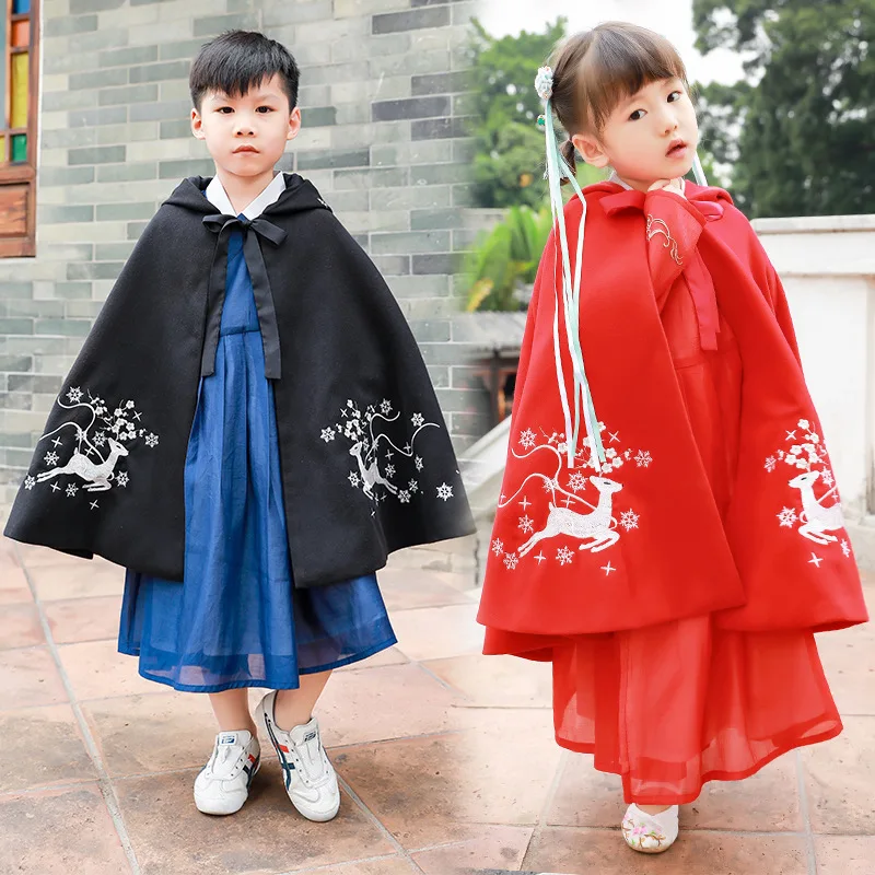 Детский плащ Hanfu с вышивкой оленя, народный фестивальный Рейв, осенне-зимнее пальто, одежда для выступлений, пальто с капюшоном DC3441