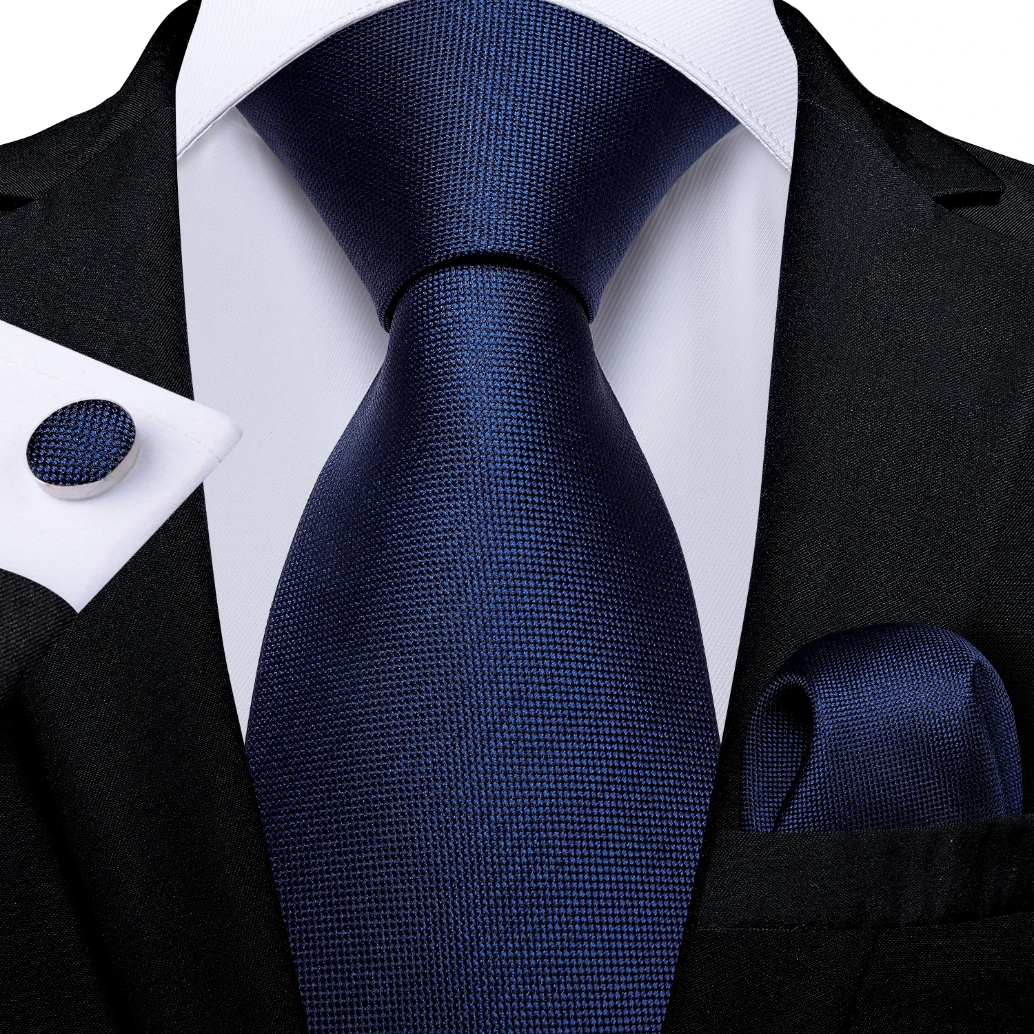 DiBanGu Top Navy Blue Solid Tie for Men 100% Silk Men's Tie Hanky Cufflinks Neck Tie Suit Business Wedding Party Tie Set MJ-7140