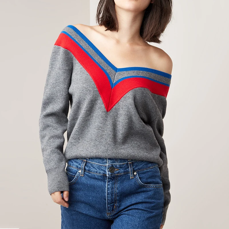 

Sexy V-neck Knit Sweater Women 2019 Fall Winter Hit Color Striped Double V-neck Sweater Knit Pullovers Loose Tops Women Jumpers