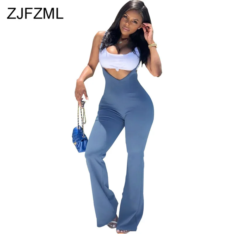 

Solid Spaghetti Strap Rompers Womens Jumpsuit Backless Zipper Bodycon One Piece Overall Causal Hollow Out Bell Bottom Playsuit