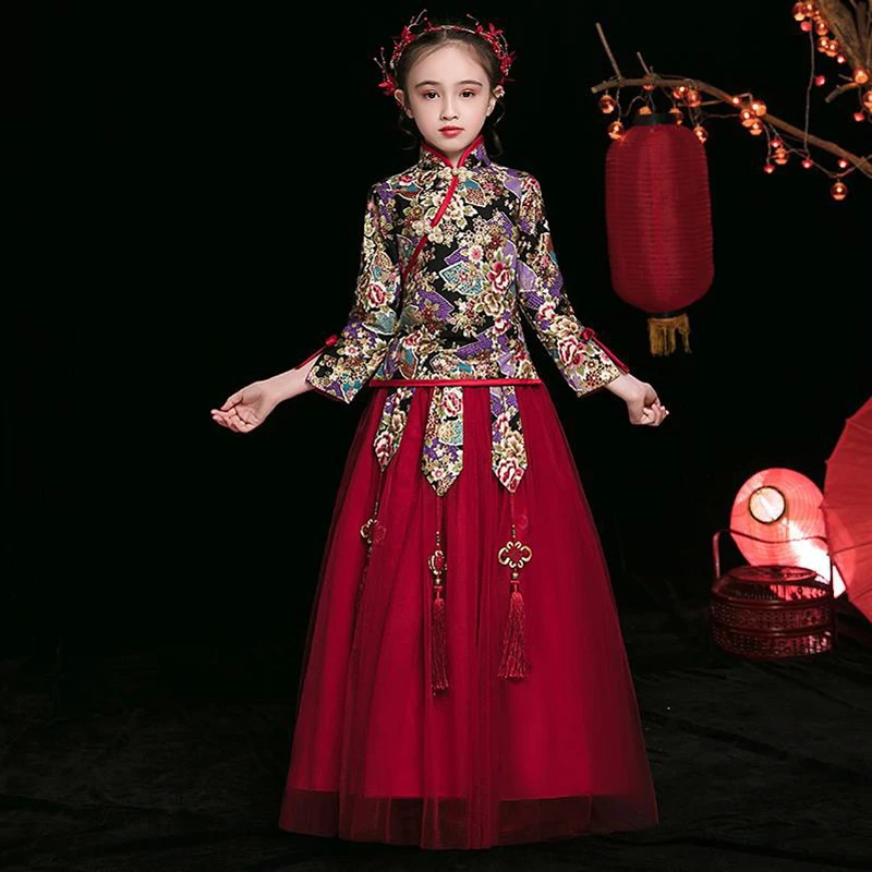 

Chinese HanFu Dresses for Girls Flower Girl Wedding Bridesmaid Lace Embroidery Flower Dress Kids Cheongsam New Year Dress