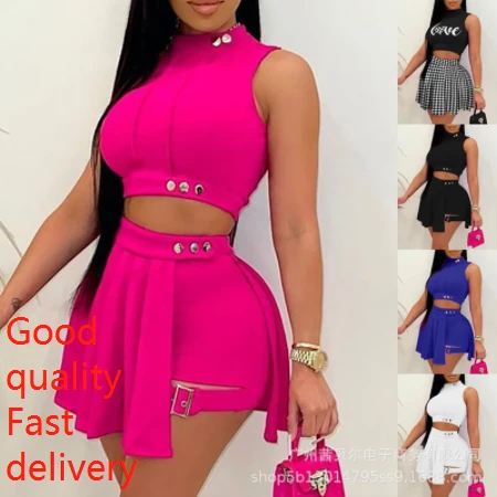 Casual Wear Women Sleeveless Short Top and Mini Skirt Sexy Two-piece 2021 Summer Sleeveless Pleated Skirt Short Set plus size sweat suits