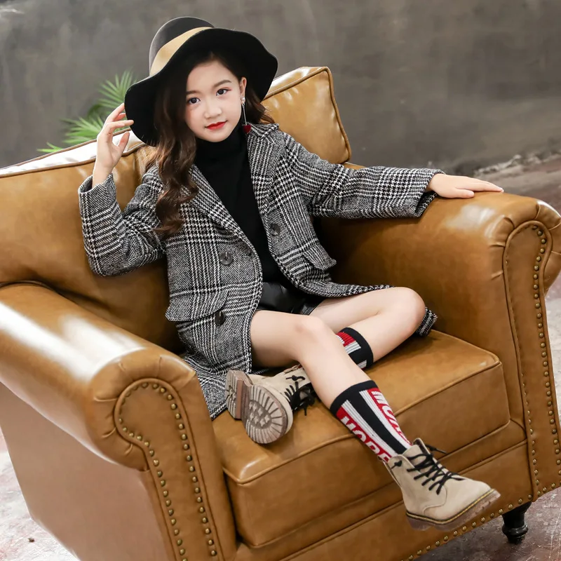 

Girls Fall And Winter Clothes 2020 Korean-style New Style Plaid Woolen Overcoat Middle And Large Children Thick Quilted Middle L
