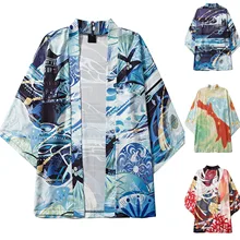 Cardigan pour hommes, chemise décontractée, ample, ouvert sur le devant, manches 2021, chemisier de Style japonais, imprimé, nouvelle collection 3/4