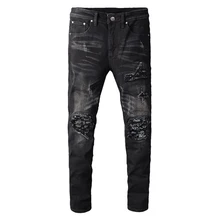 Sokotoo мужские черные бандана Пейсли Печатные Лоскутные байкерские узкие сильно облегающие джинсы плиссированные стрейч джинсовые рваные брюки