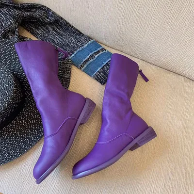 purple Г., Подиумные сапоги до колена с круглым носком розового цвета женские сапоги до середины икры из натуральной кожи с молнией сзади женские зимние рыцарские сапоги - Цвет: purple