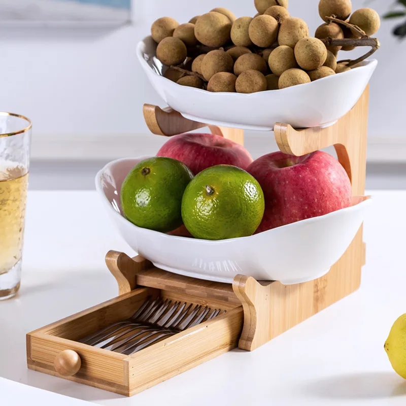 US $52.50 Ceramic Candy Dish Living Fruit Tray ThreeLayer Fruit Plate Snack Plates Creative Modern Dried Fruit Basket With Storage Box