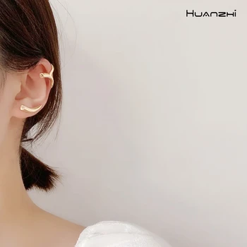 

HUANZHI 2020 Geometric Crescent hit color personality Curve Ear Bone Clip Metal Stud Earringsfor Woman Men Jewelry Gifts