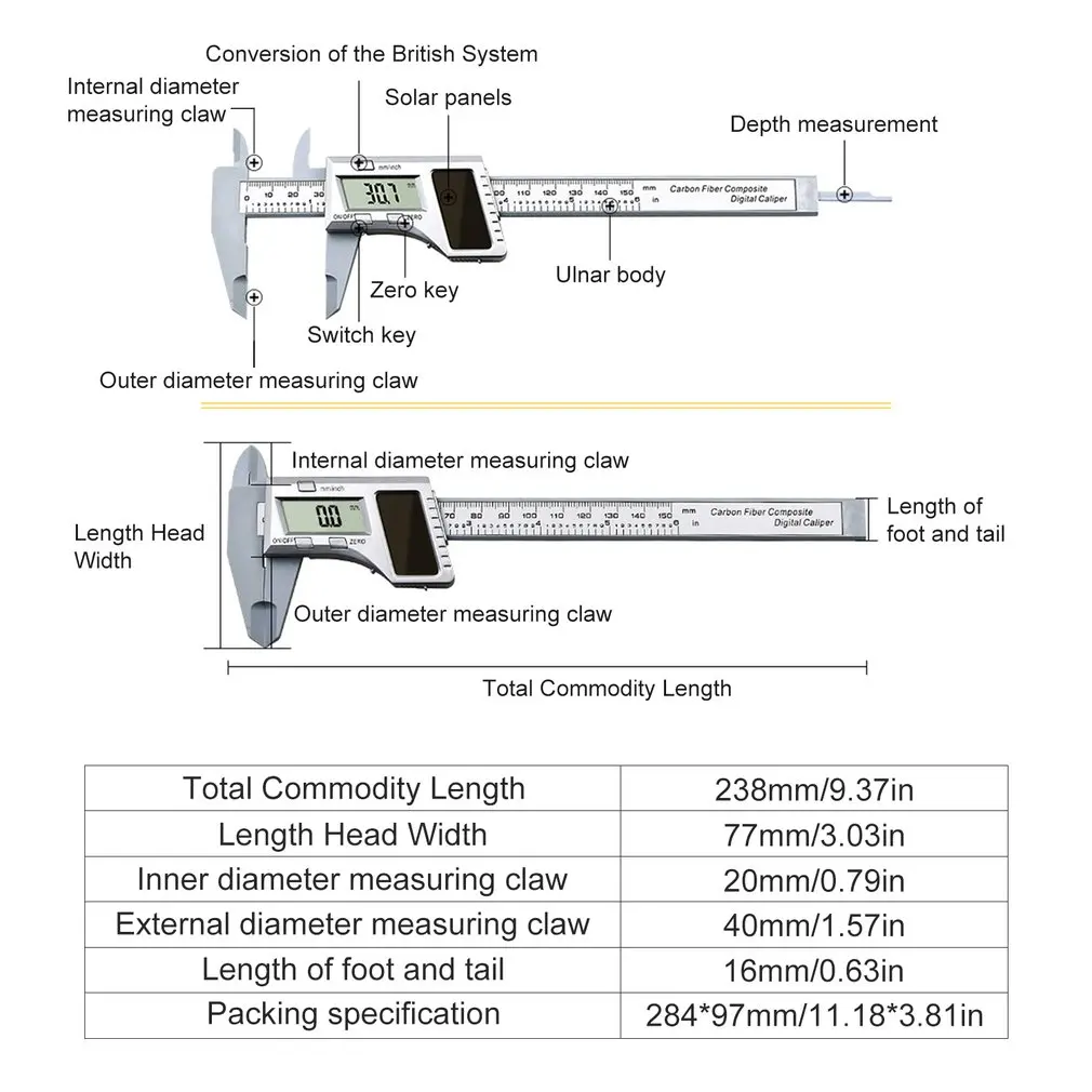 0-150MM Solar Power Electronic Precision Digital Vernier Calipers Ruler Pachymeter Micrometer Measuring Tools Gauge