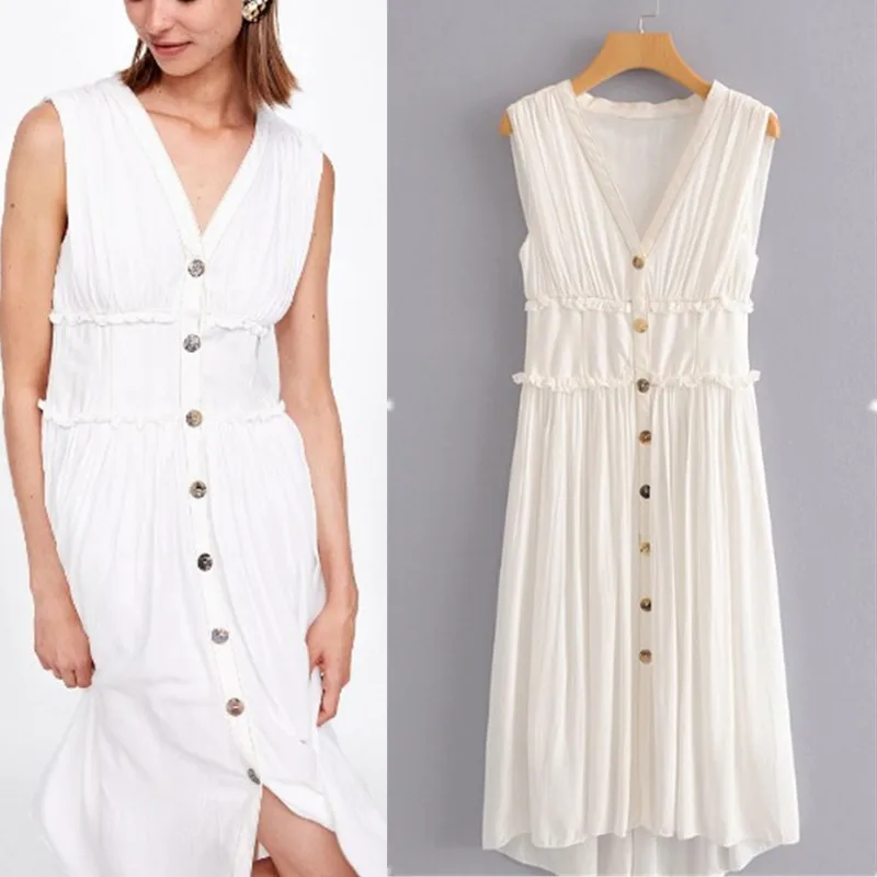 

2018 Western Style Sleeveless V-neck Single Breasted Dress Solid Color Vest Skirt Versatile Temperment Long Skirts Women's J8034