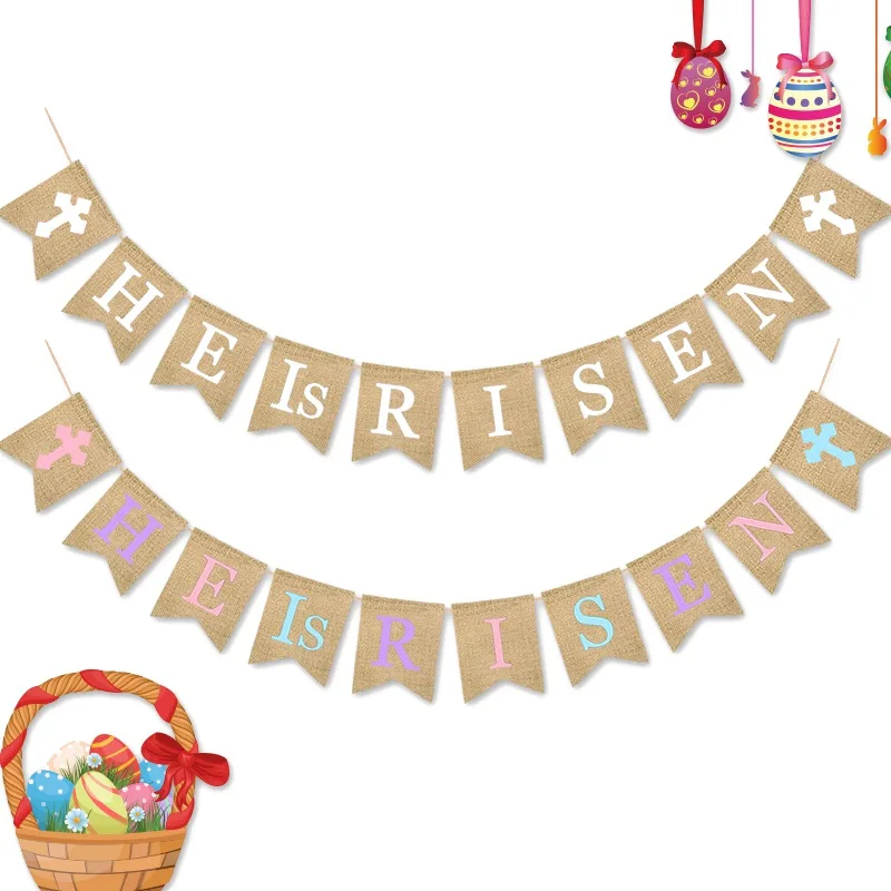 

G HE Is RISEN Easter Burlap Banner Flags Bunting Decoration with Crosses Holiday Hanging Ornaments Photo Prop