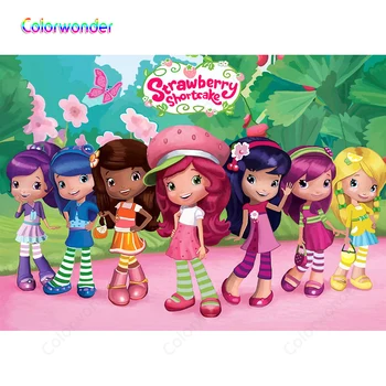 

Girls Party Strawberry Shortcake with Her Friends Photography Backgrounds Spring Garden Green Leaves Pink Flowers Kids Backdrops
