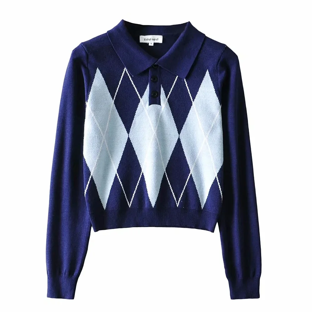 Vintage Plaid Buttons Knitted Women Sweaters Jumpers Autumn Winter Long Sleeve Turn Down Collar Pullover Sweater Ladies Fashion | Женская