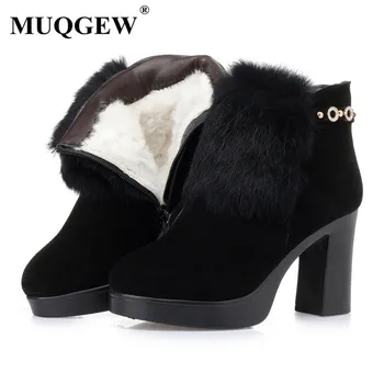 

Women ankle boots black thick heel platform genuine leather women booties high-heel fashion rhinestone winter snow boots women