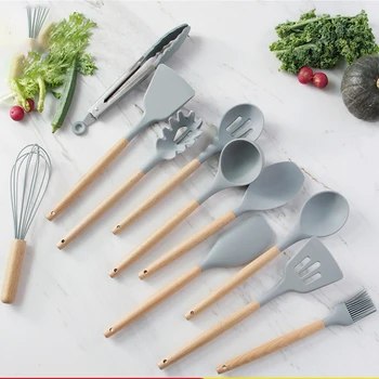 

Kitchen Silicone Cooking Utensils Set With Wooden Handle Gray Non-Stick Spatula Kitchenware Bakeware Cooking Tool