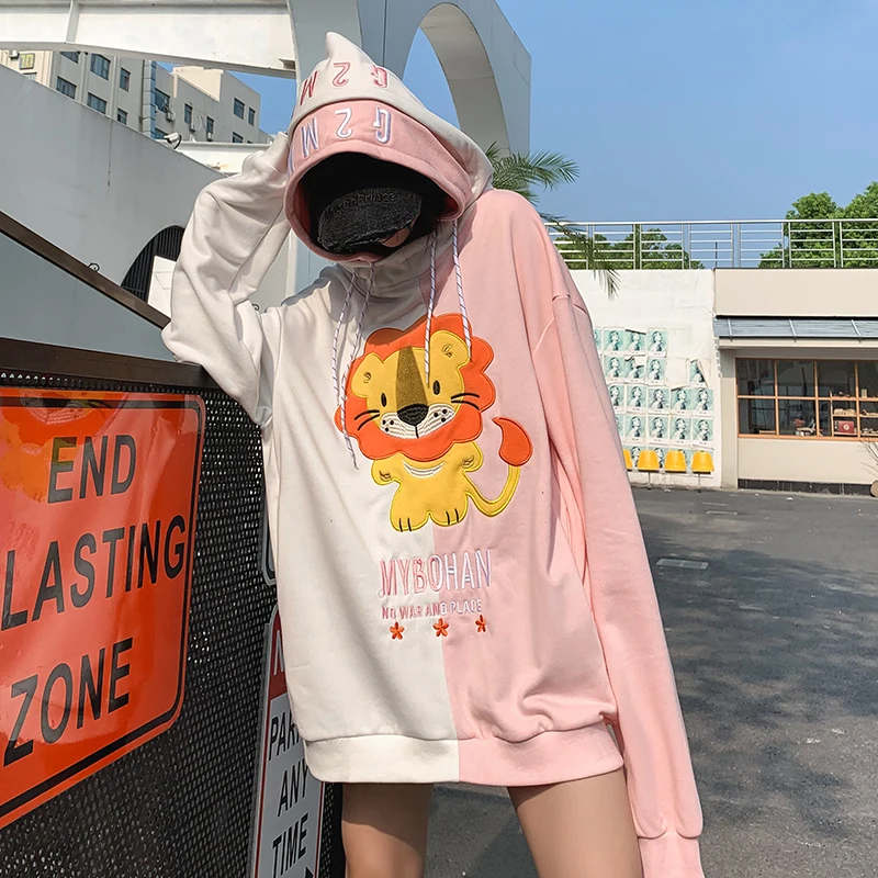Lion Embroidery Hip Hop Hoodie Women 2019 Autumn Winter New Fashion Patchwork Fleece Sweatshirt With Hooded | Женская одежда