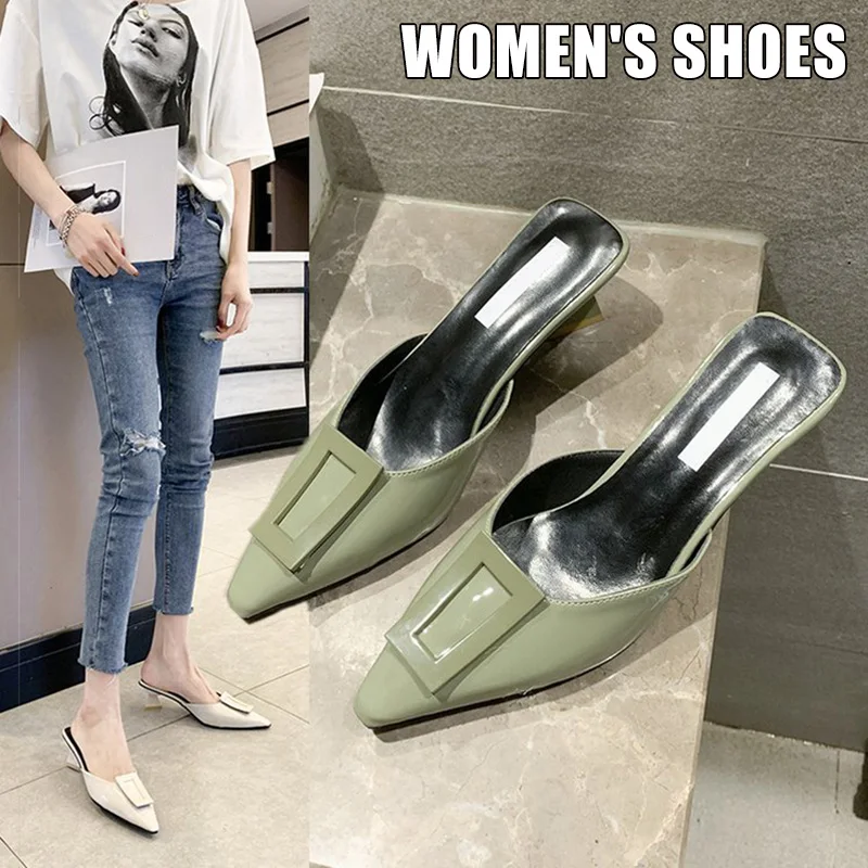 

Pointed Toe Women High Heel Slippers Thick Heel PU Leather Female Casual Shoes New