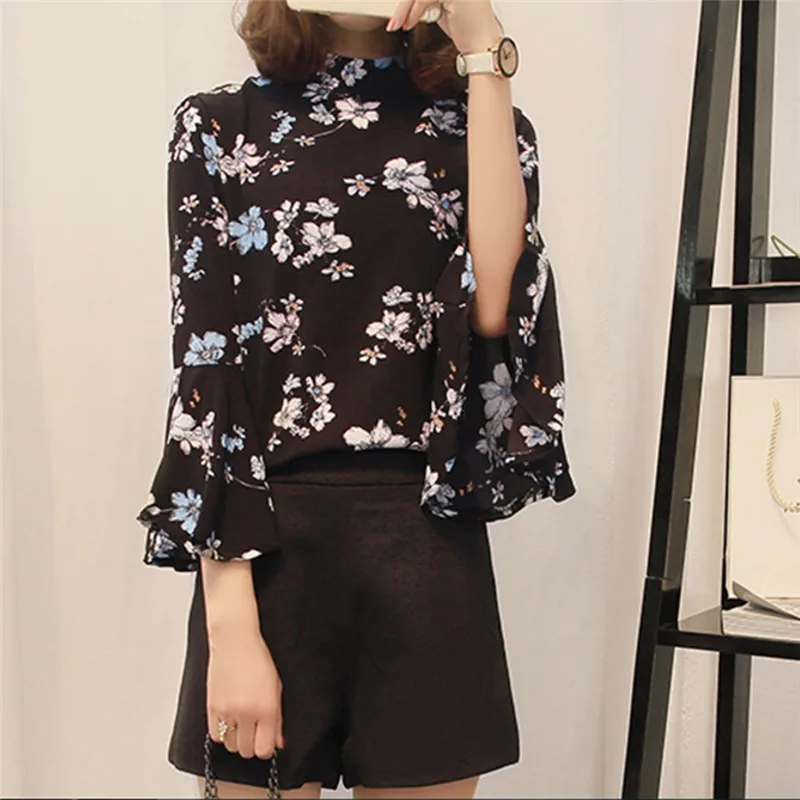Beautiful Floral Chiffon Blouse Women Tops Petal Sleeve Shirt Women Ladies Office Blouse