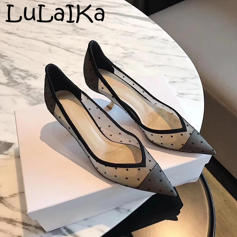 

2019 Summer Comfortable Solid Color Pointed Toe Pumps Shoes New Sexy Mesh (Air mesh) Woman Wedding Party High Heels