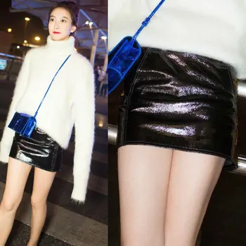 

Black Mid-waist PU Leather Skirts Women Sexy Shiny Pencil Mini Skirt 2020 Autumn Streetwear Winter Red Skirts Short faldas