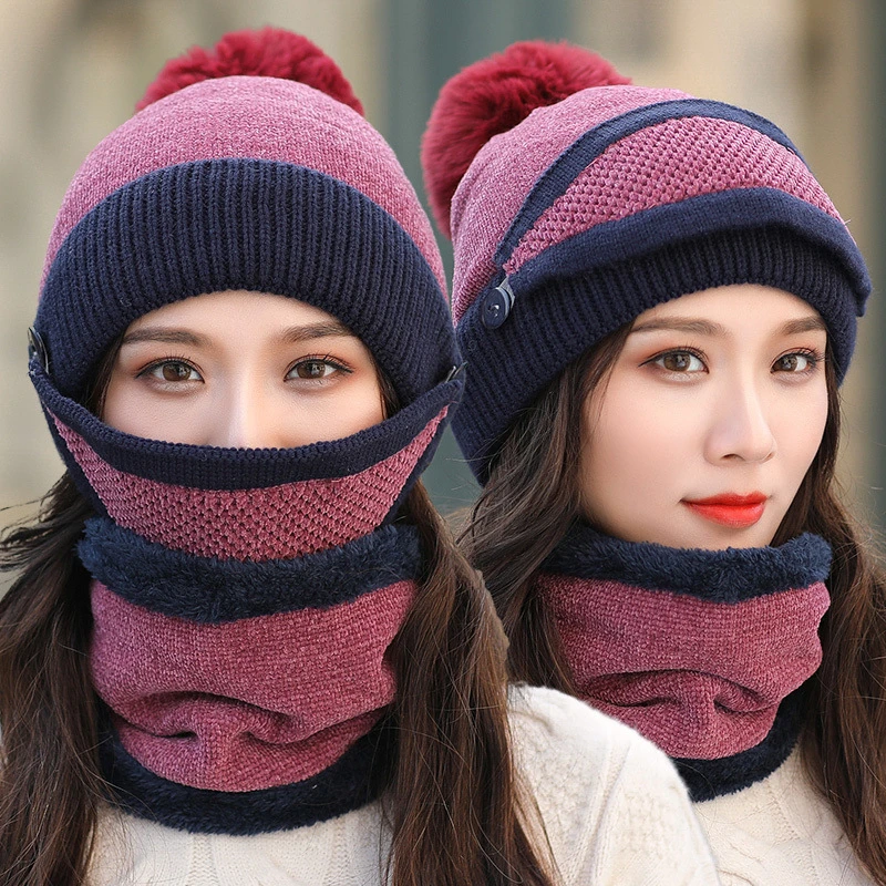 

Brand New Beanies Hat Women Sets 3 Knit Skullies Hats With Bib Mask Female Winter Velvet Thick Warm Knitted Wool Cycling Caps