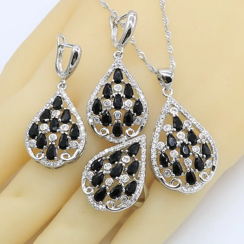 Black White Zircon 925 Silver Wedding Jewelry Sets for Women with Bracelet Earrings Necklace Pendant Ring Gift Box