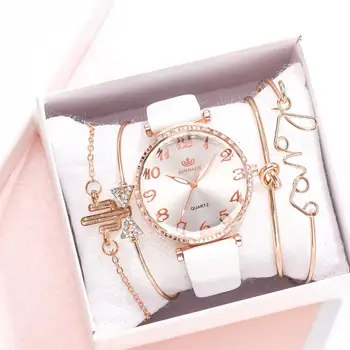 

5pcs Set reloj mujer Band Casual Dress Watches Set Leather Quartz Clock Ladies Wrist Watch Women's Bracelet Wriswatch Gift