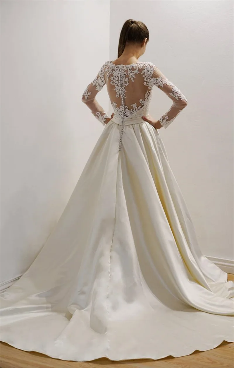 Vestido de Noiva атласное с длинными рукавами кружевные свадебные платья 2019 Robe De Mariee сексуальные иллюзии линии Свадебные платья с поездом
