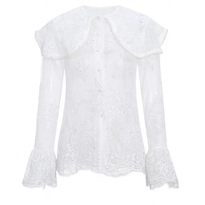 

Trumpet Sleeve Shirt Women Lace Embroidery Shirts Ladies Spring Autumn New Style 2020 Long Sleeve Solid White Sweet Shirt Woman