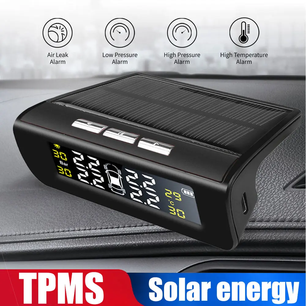 Солнечная энергия TPMS система контроля давления в автомобильных шинах транспортные средства внешний датчик Авто в режиме реального времени охранная сигнализация температура Предупреждение