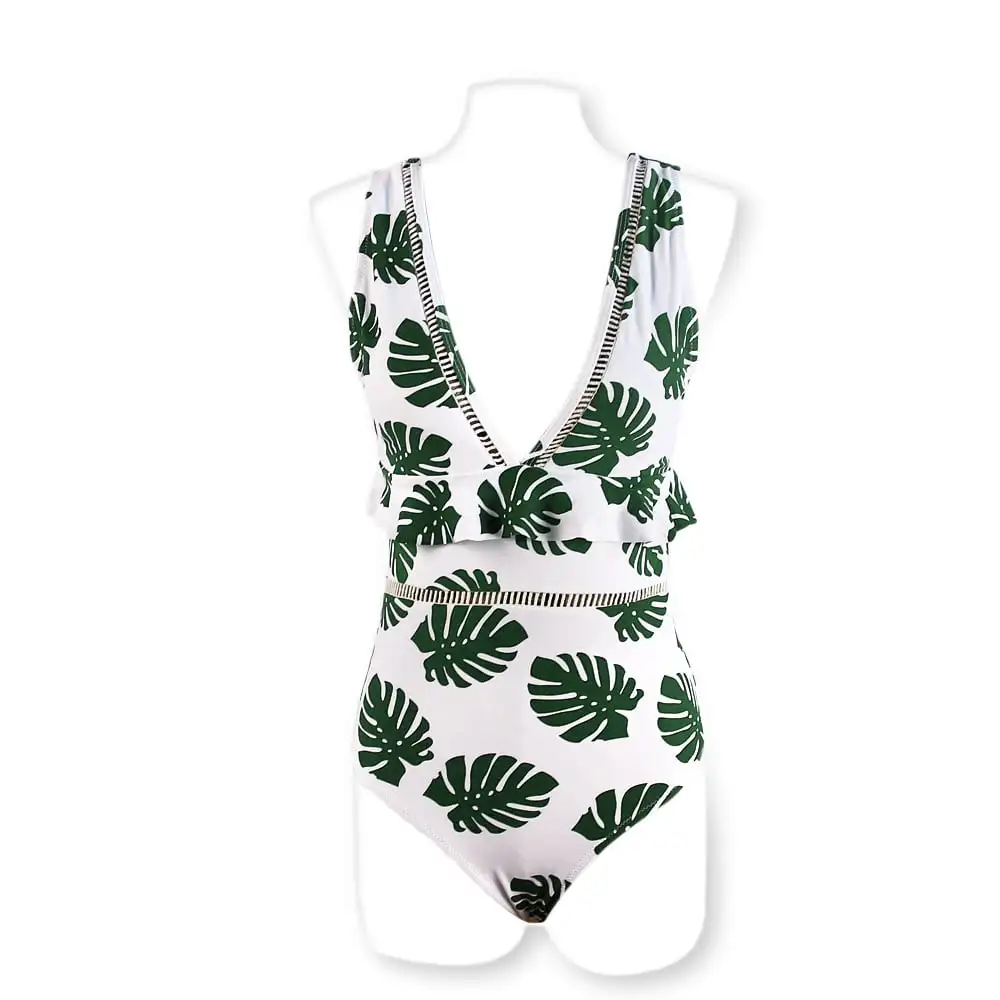 Diliflyer Sexy Womens One Piece Plunge Plant Ruched Swimwears 5