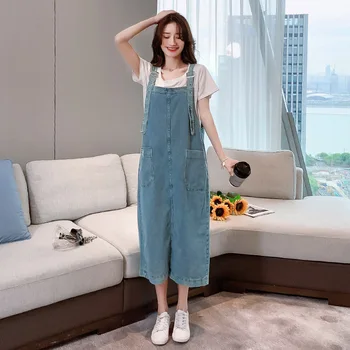 

2020 Summer Maternity Denim Dress Plus Size Pregnant Women Braces Dress With Large Pockets Casual Long Loose Split Denim Clothes