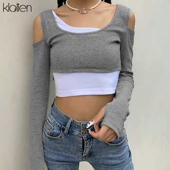

KLALIEN fashion patchwork knitted top women casual street slim stretch female t shirt simple wild was thin basic t shirt ladies