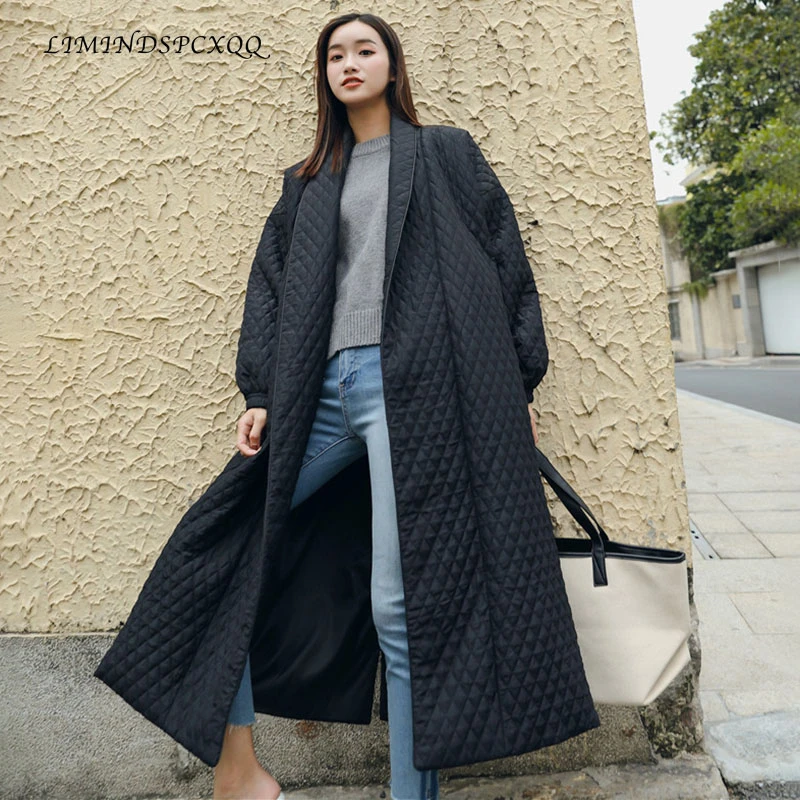 

New Street Thin Style Black Oversize Lapel Back Vent Button 2021 Female Long Cotton winter Coat women Jaqueta Feminina