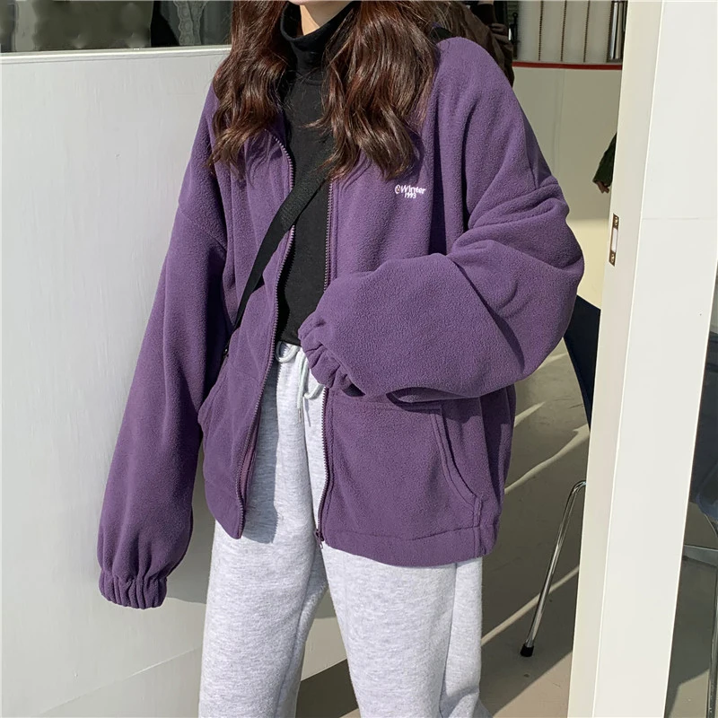 

Jackets Women Loose Plus Velvet Zip-up Pockets Letter Casual Oversize BF Ulzzang Harajuku Daily Streetwear Womens Trendy New Hot