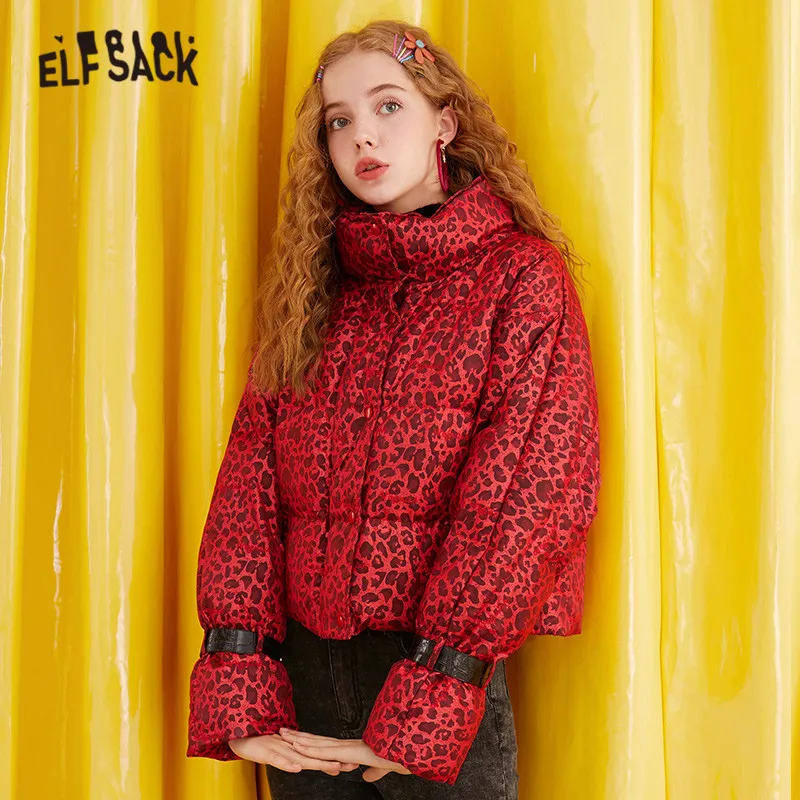 ELFSACK, красные, леопардовые, прямые, теплые, пуховые пальто для женщин,, зима, новинка, с рукавами, повседневная, офисная, женская, базовая верхняя одежда