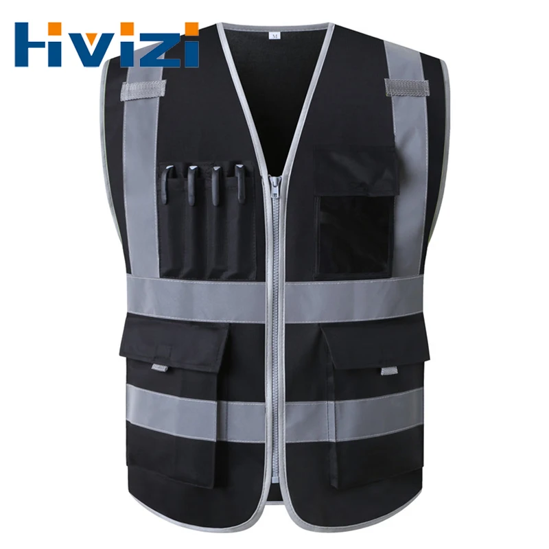 Hi Vis Workwear Safety Reflective Vest Construction Building Vest Safety Clothing Work Vest Multi Pocket Black Vest Plus Size