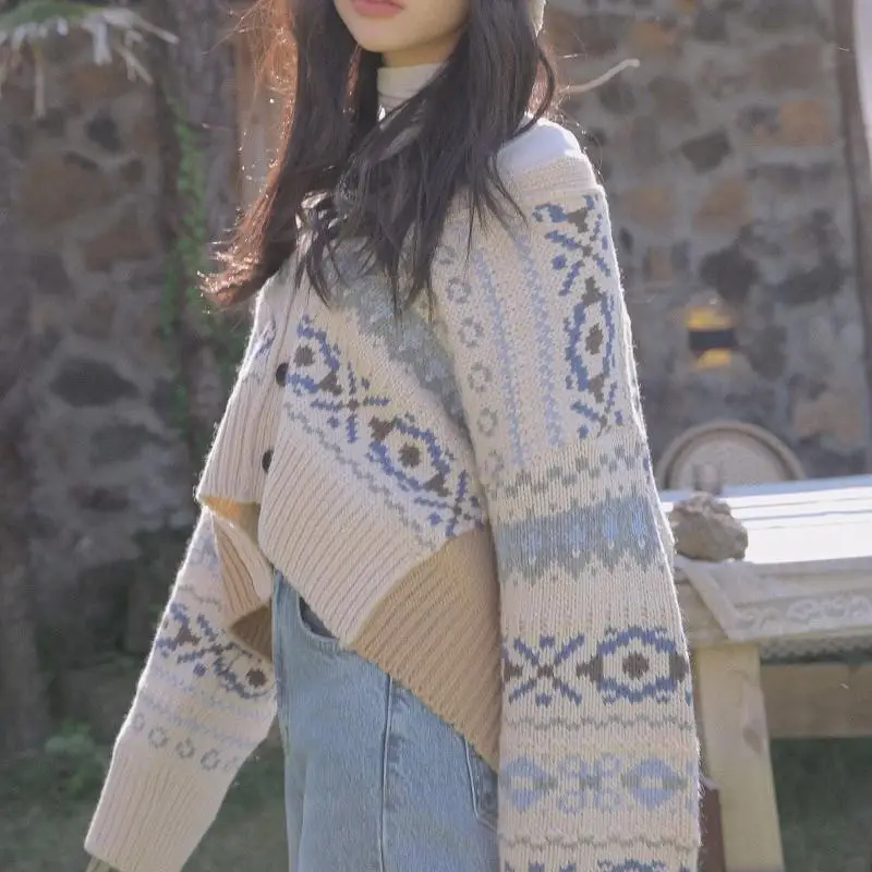 Women Long Sleeve Korean Style Open Stitch V-Neck Knitted Sweater Lady Casual Print Cardigan Outwear